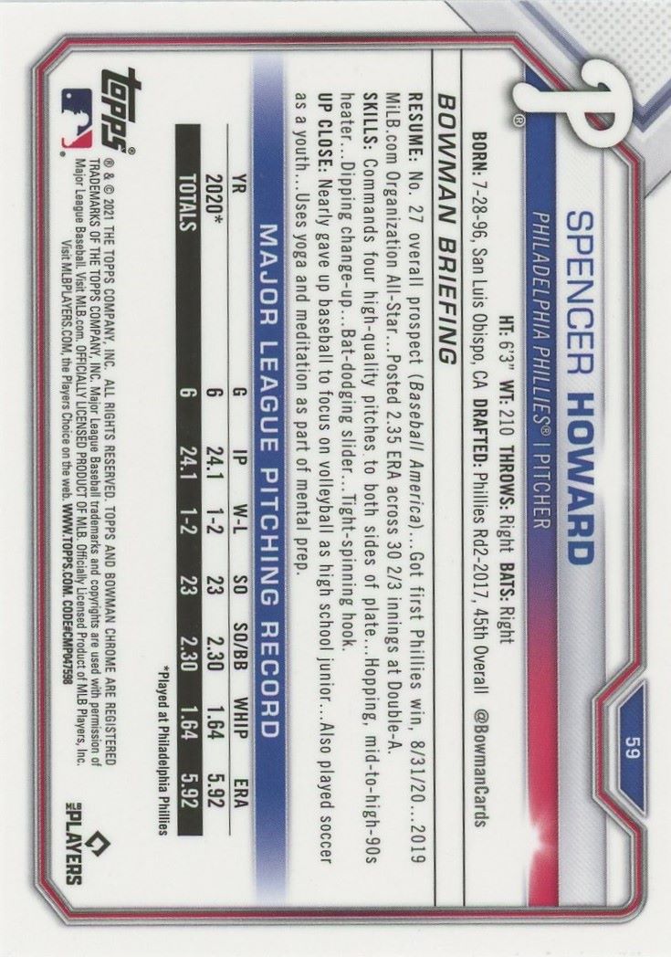 2021 Bowman Chrome Spencer Howard Rookie #59 Philadelphia Phillies