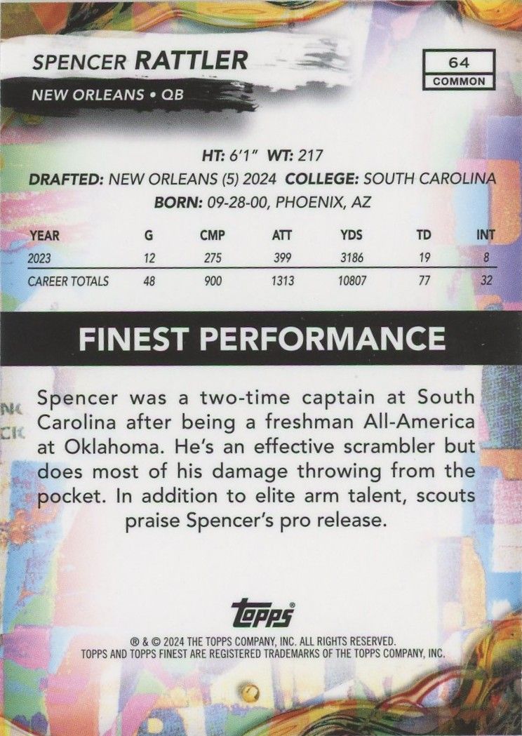Spencer Rattler 2024 Topps Finest Rookie RC New Orleans Saints #64