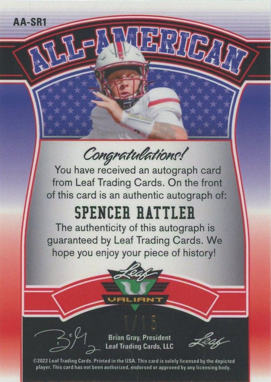 Spencer Rattler 2022 Leaf Valiant All American Purple Auto #1/15 #AA-SR1
