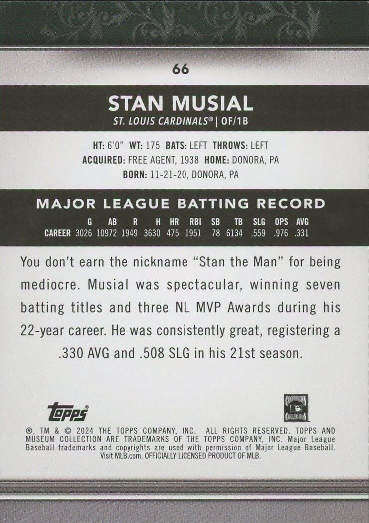 2024 Topps Museum Collection Stan Musial Bronze #66 St. Louis Cardinals