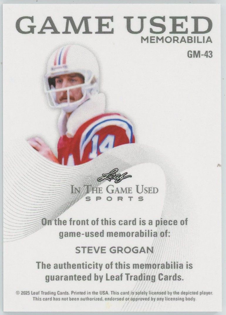 2025 Leaf In The Game Used Steve Grogan Game Used Platinum Patch #7/15 #GM-43