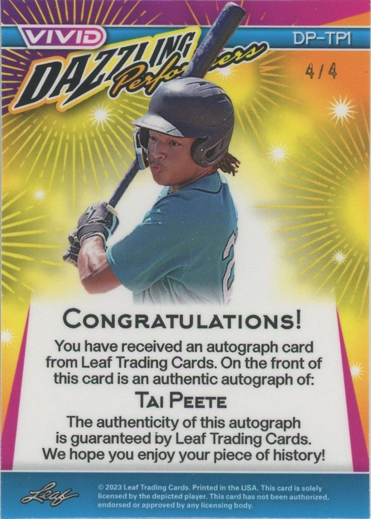 Tai Peete 2023 Leaf Vivid Baseball Dazzling Performers Green Auto #4/4 #DP-TP1