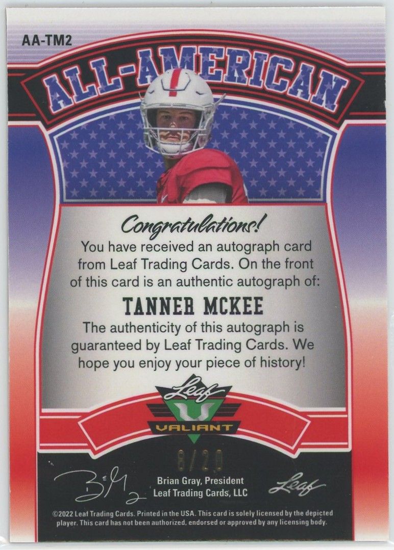 2022 Leaf Valiant Football All-American Tanner McKee Orange Auto #8/20 #AA-TM2
