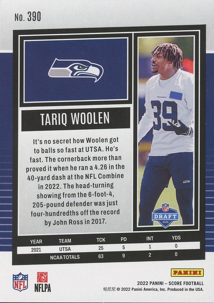 2022 Score Tariq Woolen Rookie #390