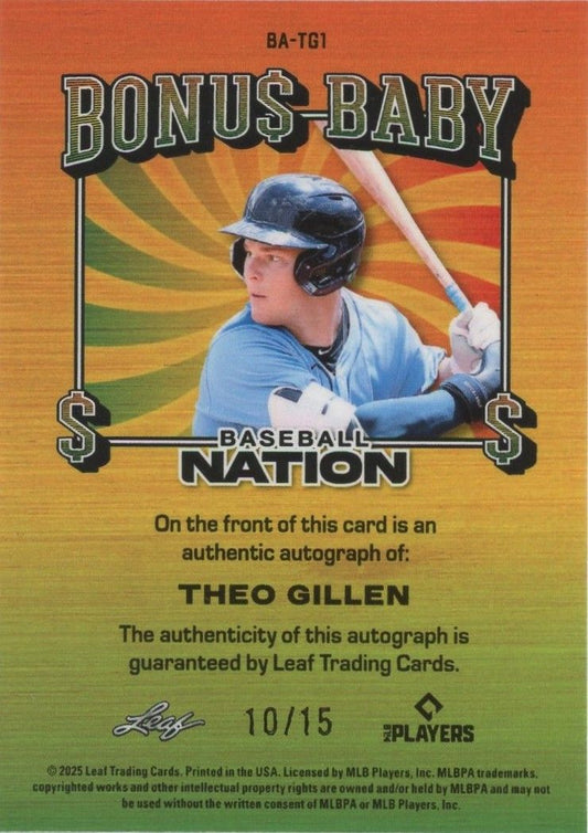 2025 Leaf Baseball Nation Theo Gillen Bonus Baby Silver #10/15 #BA-TG1 Tampa Bay