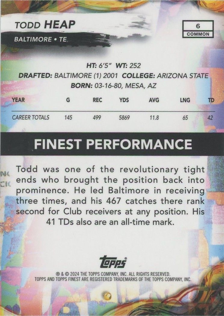 Todd Heap 2024 Topps Finest Blue #103/200 #6 Ravens