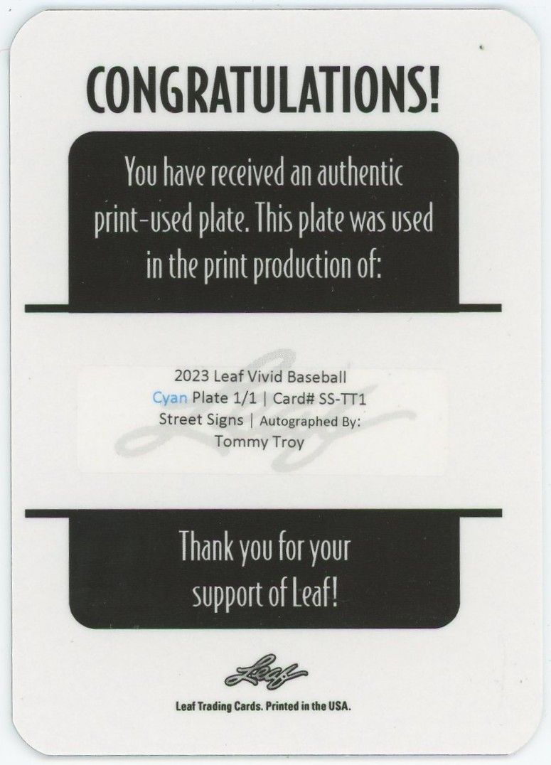 2023 Leaf Vivid Tommy Troy Street Signs Cyan Printing Plate Auto #1/1 #SS-TT1