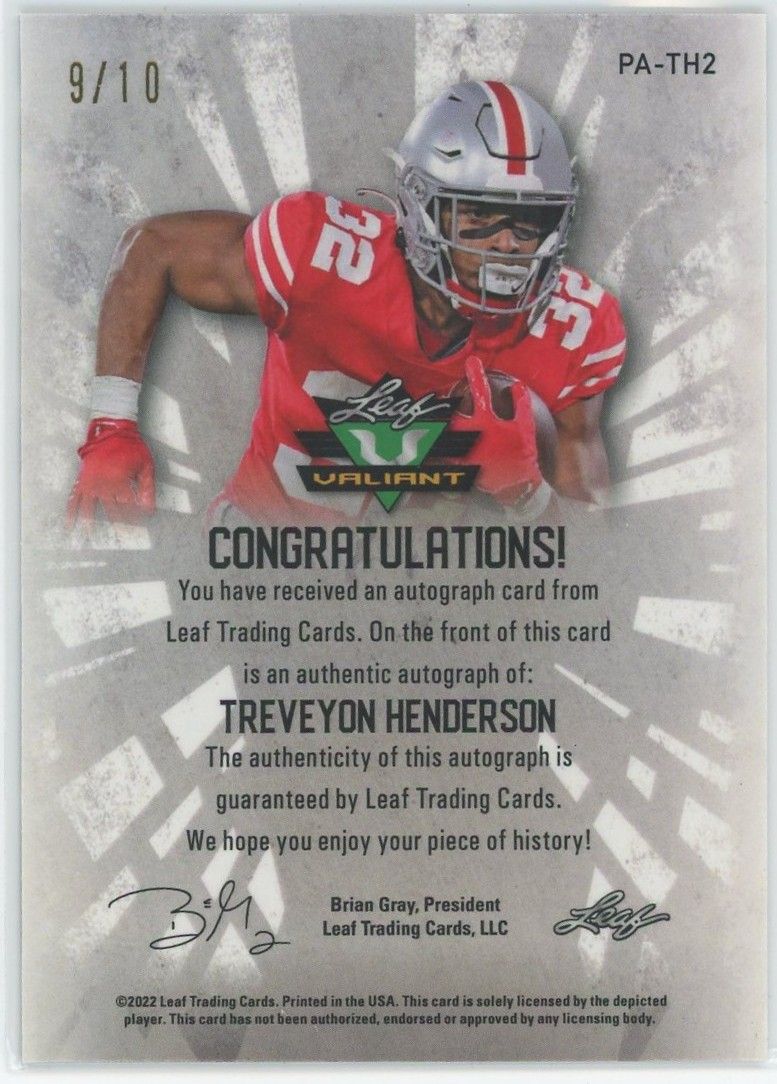 2022 Leaf Valiant Football Treveyon Henderson Blue Auto #9/10 PA-TH2