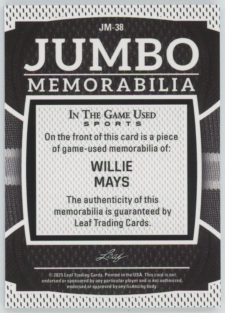 2025 Leaf In The Game Used Willie Mays Jumbo Patch Blue #1/5 #JM-38