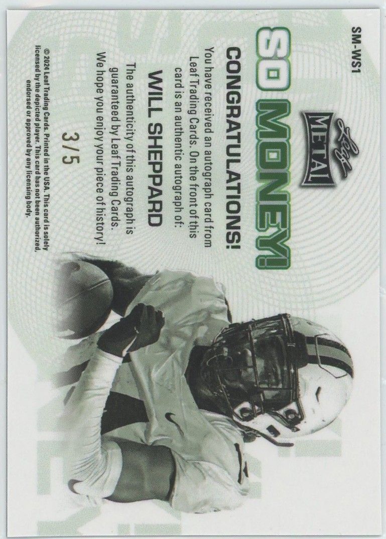 2024 Leaf Metal Football Will Sheppard So Money! Black Mojo Auto #3/5 #SM-WS1