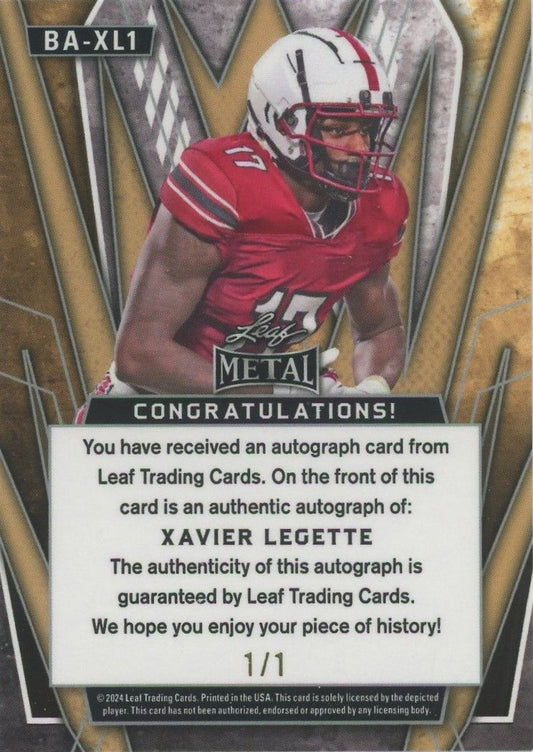 Xavier Legette 2024 Leaf Metal Football Red Auto #1/1 #BA-XL1