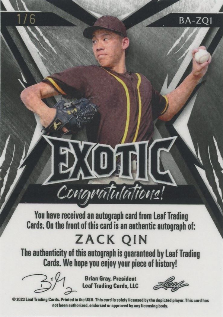 2023 Leaf Exotic Zack Qin Auto #1/6 #BA-ZQ1