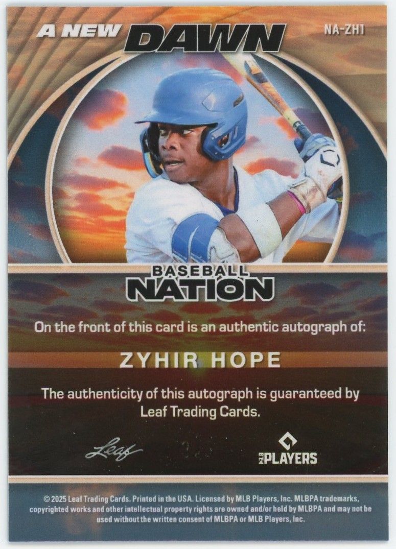 2025 Leaf Baseball Nation Zyhir Hope A New Dawn Auto #3/3 #NA-ZH1