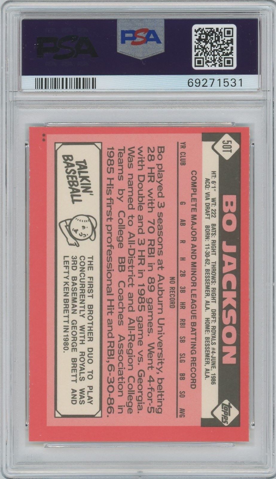 1986 Topps Traded Bo Jackson RC #50T PSA 7