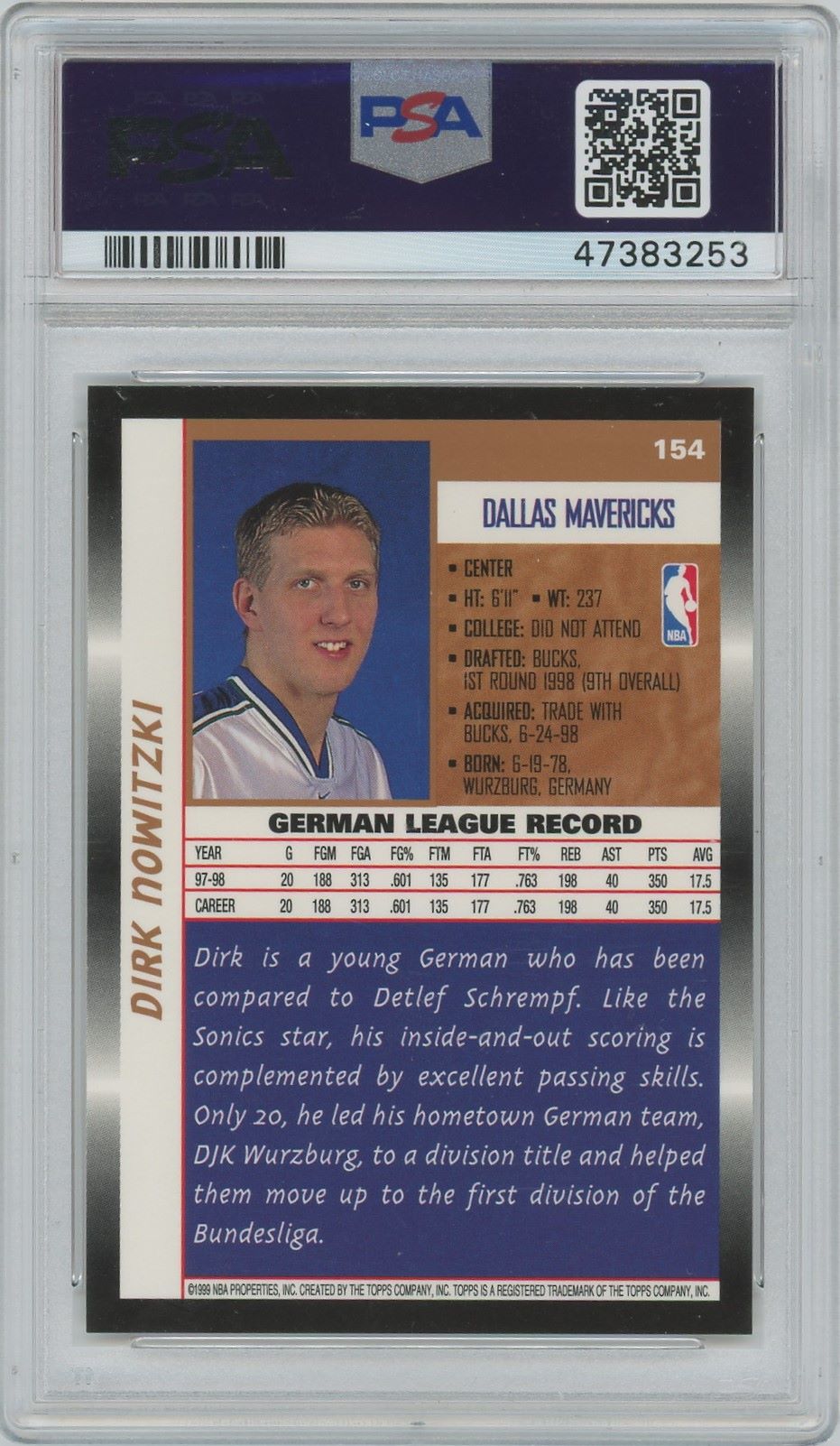 1998 Topps Dirk Nowitzki RC #154 PSA 9