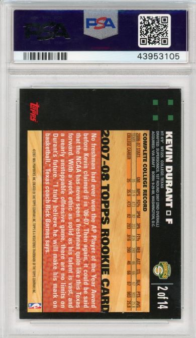 2007 Topps Kevin Durant Rookie White Border # 2 PSA 9