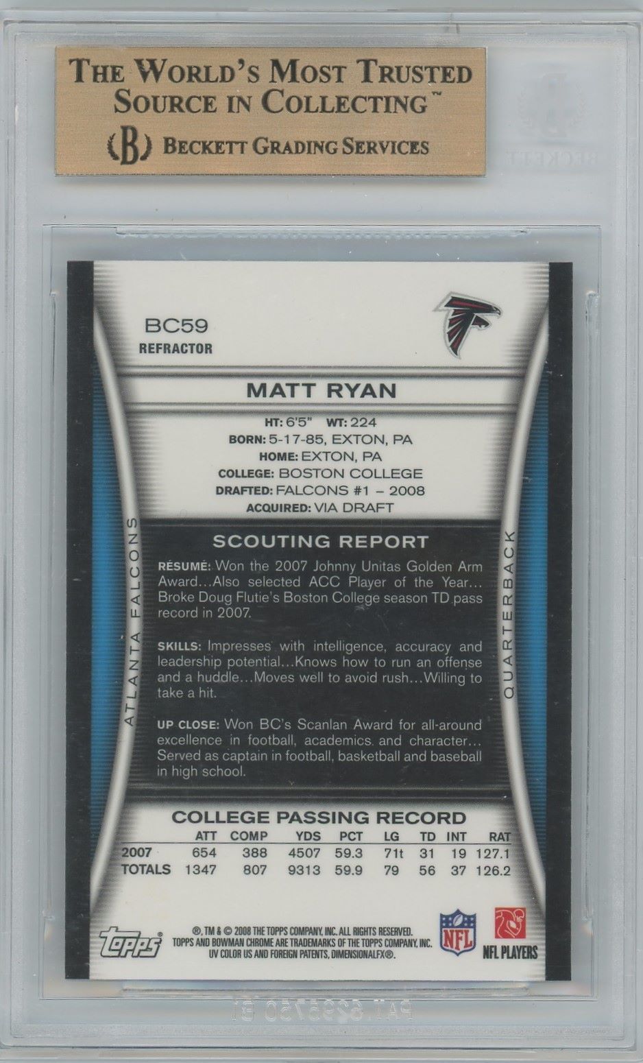 2008 Bowman Chrome Matt Ryan Refractors #BC59 BGS 9.5