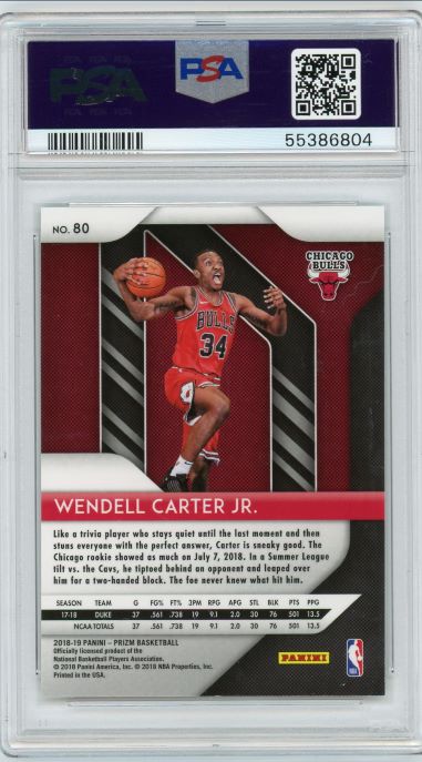 2018-19 Panini Prizm Wendell Carter Jr Rookie #80 PSA 9