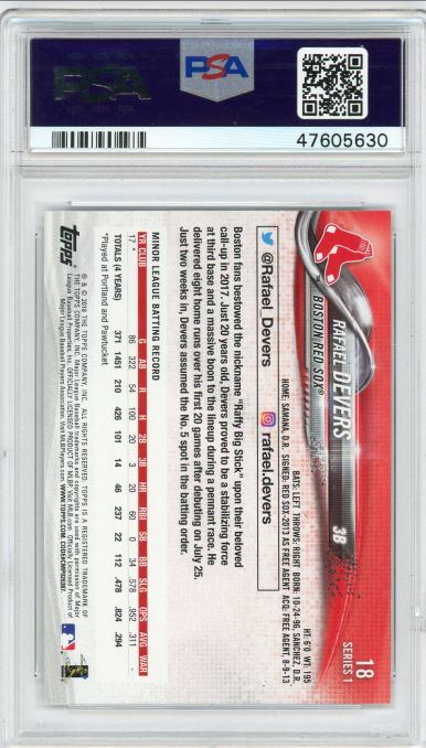 2018 Topps Series 1 Rafael Devers Rookie Batting #18 PSA 10