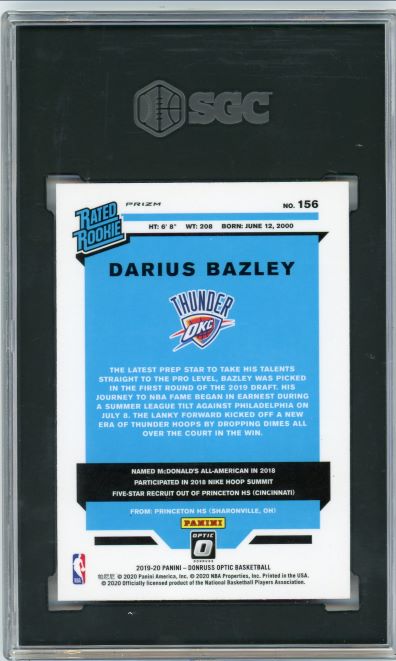 2019-20 Donruss Optic Pink Hyper Darius Bazley Rated Rookie #156 SGC 10