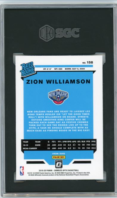 2019-20 Donruss Optic Zion Williamson Rookie #158 SGC 8.5