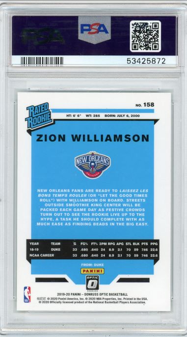 2019-20 Donruss Optic Zion Williamson Rated Rookie #158 PSA 9