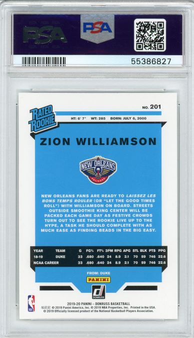 2019 Donruss Zion Williamson Rated Rookie #201 PSA 10