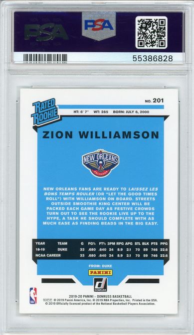 2019 Donruss Zion Williamson Rated Rookie #201 PSA 9