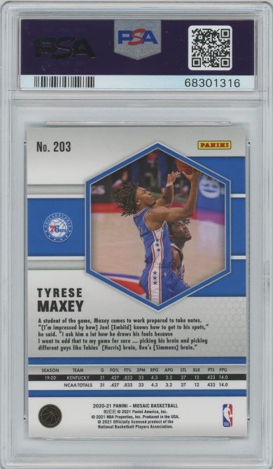 2020 Panini Mosaic Tyrese Maxey Rookie #203 PSA 9