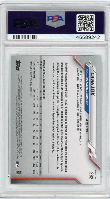 2020 Topps Gavin Lux Wearing Helmet Rookie #292 PSA 10