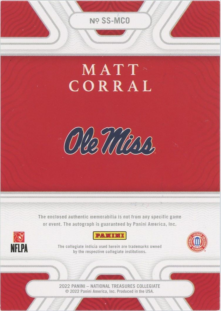 2022 National Treasures Collegiate Matt Corral Blue #1/49#SS-MCO