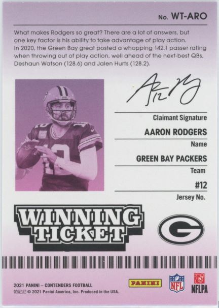 2021 Panini Contenders Aaron Rodgers Winning Ticket