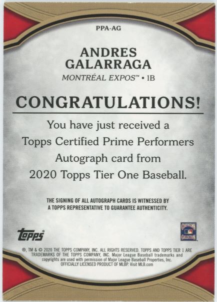 2020 Topps Tier One Andres Galarraga Auto #224/299