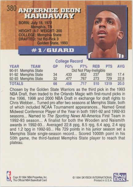 1993-94 Hoops Anfernee Hardaway Rookie #380