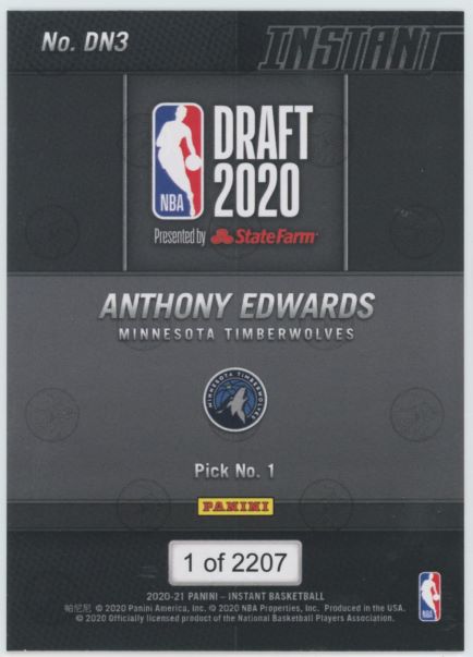 2020-21 Panini Instant Draft Night Anthony Edwards Rookie #1/2207