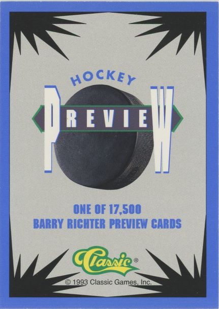 1993 Classic Hockey Barry Richter Preview #1/17500