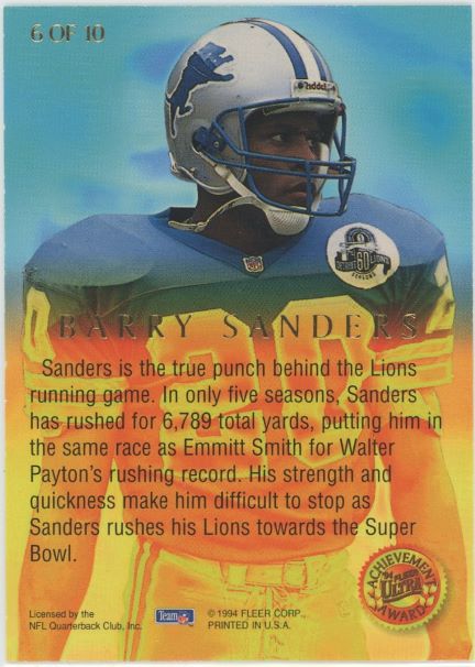 1994 Fleer Ultra Barry Sanders Achievement Award #6