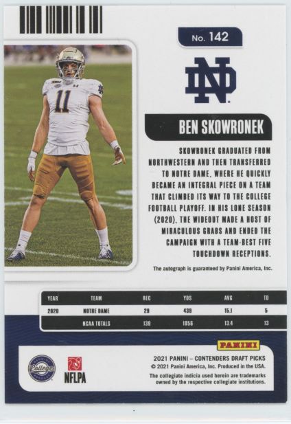 2021 Contenders Draft Picks Ben Skowronek College Ticket Rookie Auto #142