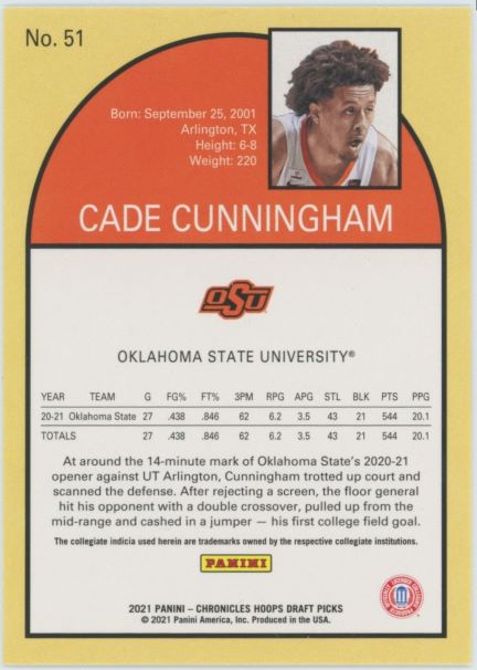 2021 Chronicles Draft Picks Cade Cunningham Hoops Tribute Rookie #51