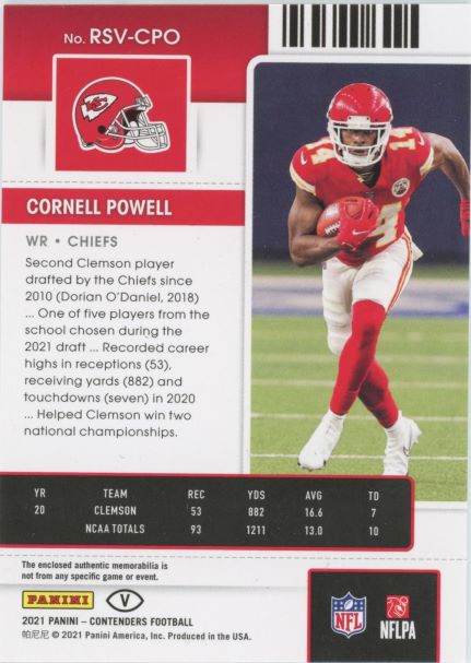 2021 Panini Contenders Cornell Powell Rookie Ticket Patch #RSV-CPO