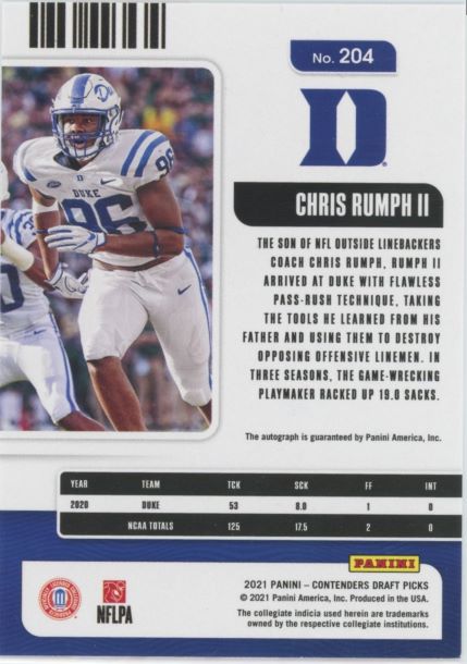 2021 Panini Contenders Draft Chris Rumph II Rookie Auto #204