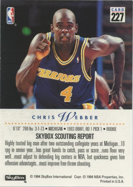 1993-94 Sky Box Chris Webber Rookie #227