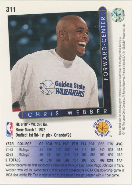 1993-94 Upper Deck Chris Webber Rookie #311