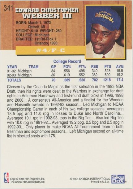 1993-94 Hoops Chris Webber Rookie #341