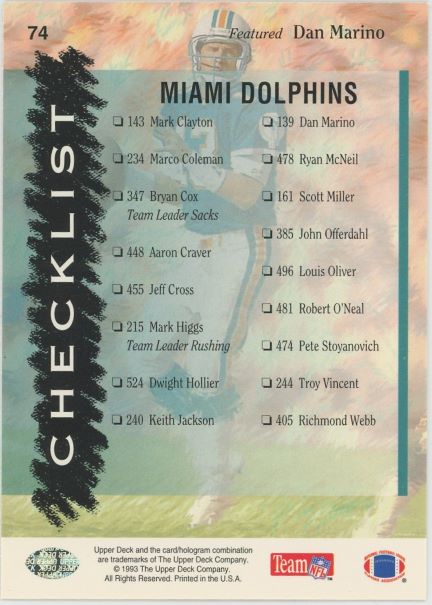 1993 Upper Deck Dan Marino Checklist #74