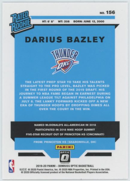 2019-20 Donruss Optic Darius Bazley rookie #156