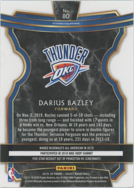 2019-20 Panini Select Concourse Darius Bazley Rooke #80