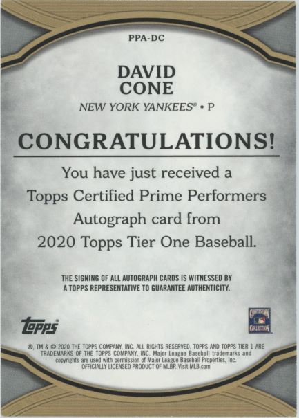 2020 Topps Tier One David Cone Prime Performers Autograph #38/299