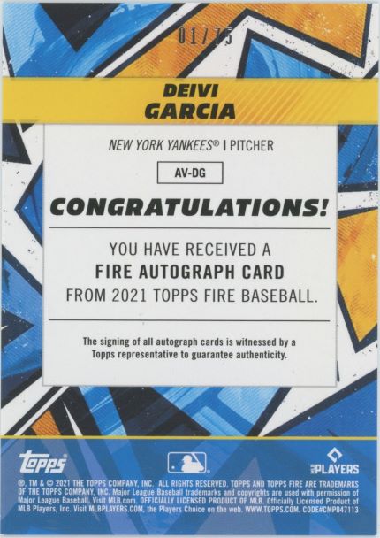 2021 Topps Fire Deivi Garcia Rookie Auto #1/75 #AV-DG