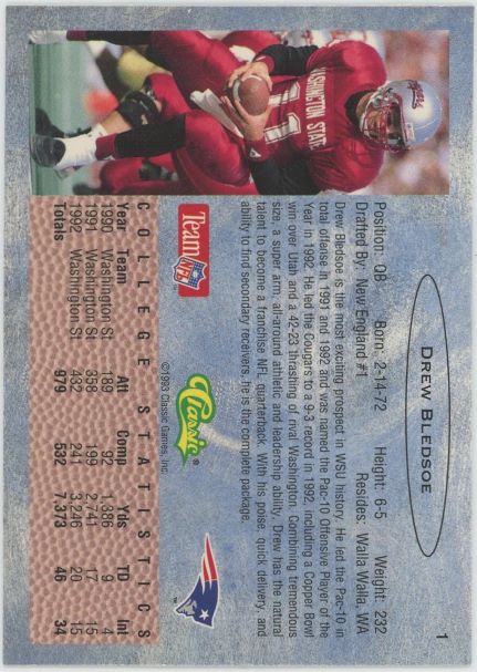 1993 Classic Drew Bledsoe Draft #1 Rookie